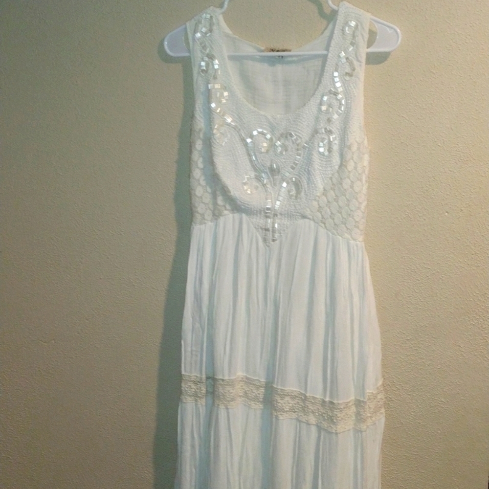White Beaded Boho Prairie Bridal Midi/Maxi Dress S